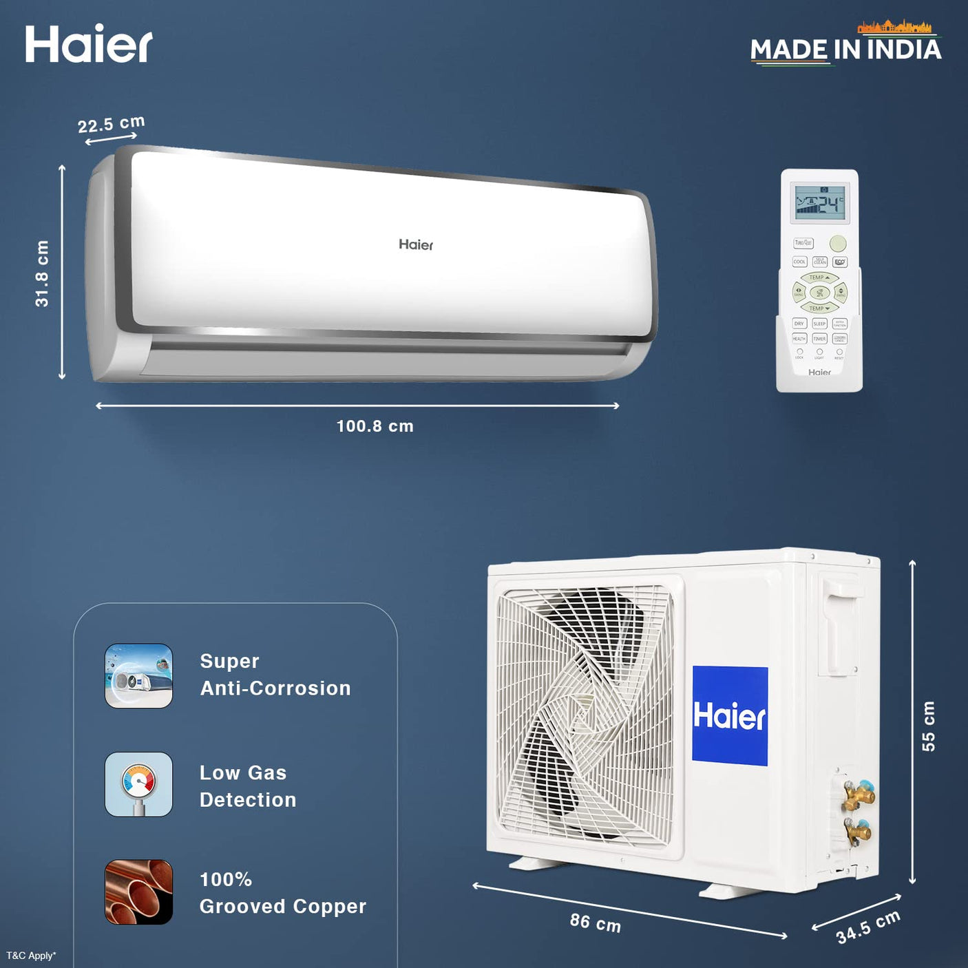Haier 1.6 Ton 3 Star Split AC: Copper, Antibacterial Filter  (HS19T-TXS3BE-FS)
