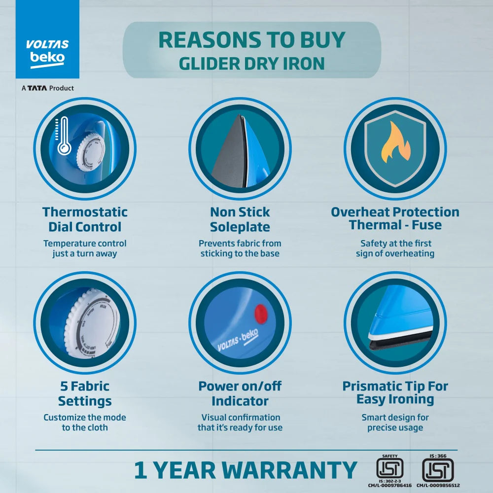 Voltas Beko 1000 W Dry Iron (I1000VD-BU, Blue, with Crease-busting Greblon Soleplate)