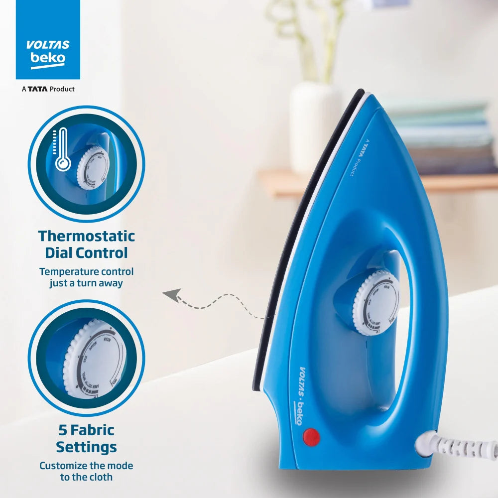 Voltas Beko 1000 W Dry Iron (I1000VD-BU, Blue, with Crease-busting Greblon Soleplate)