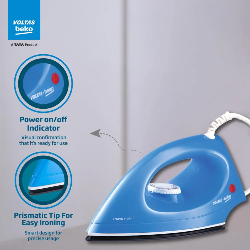 Voltas Beko 1000 W Dry Iron (I1000VD-BU, Blue, with Crease-busting Greblon Soleplate)
