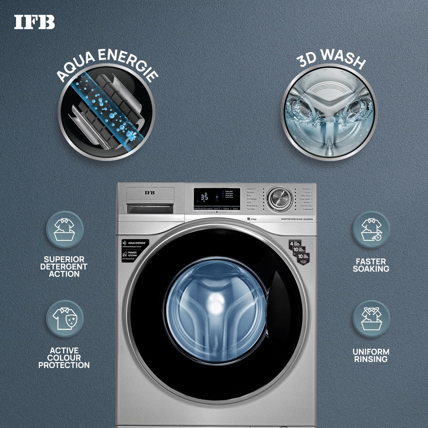 IFB Senator 8 kg Front Load Washer 1400 rpm, Silver (SENATOR WSS STEAM)