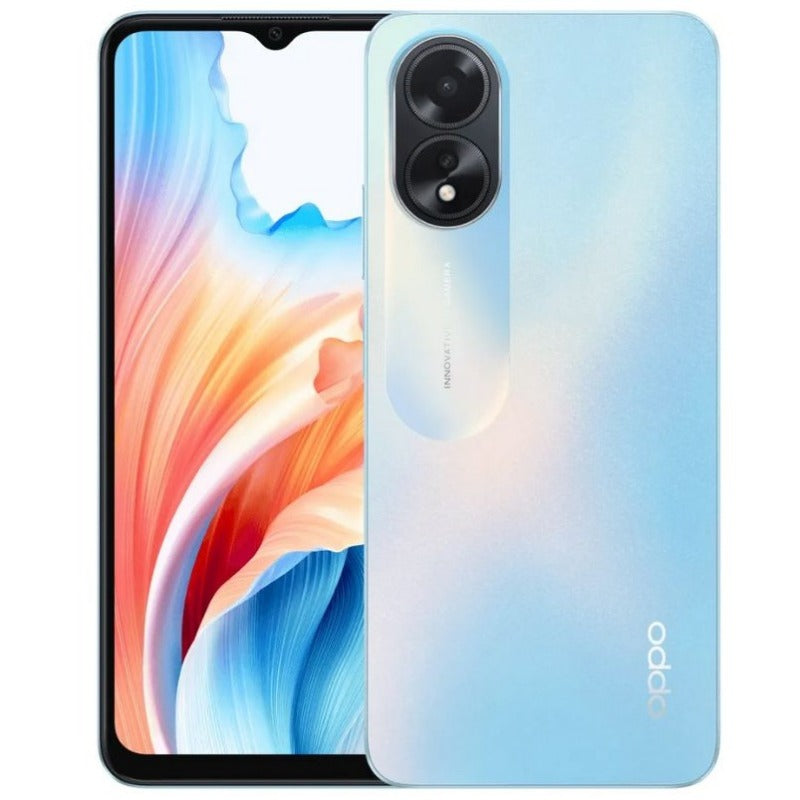 Oppo A18 - Glowing Blue mobile phone with 4GB RAM and 64GB storage.