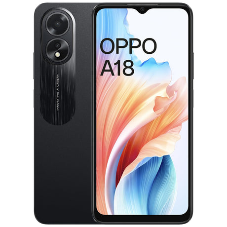 OPPO A18 - Sleek Glowing Black mobile phone with 4GB RAM and 128GB storage.