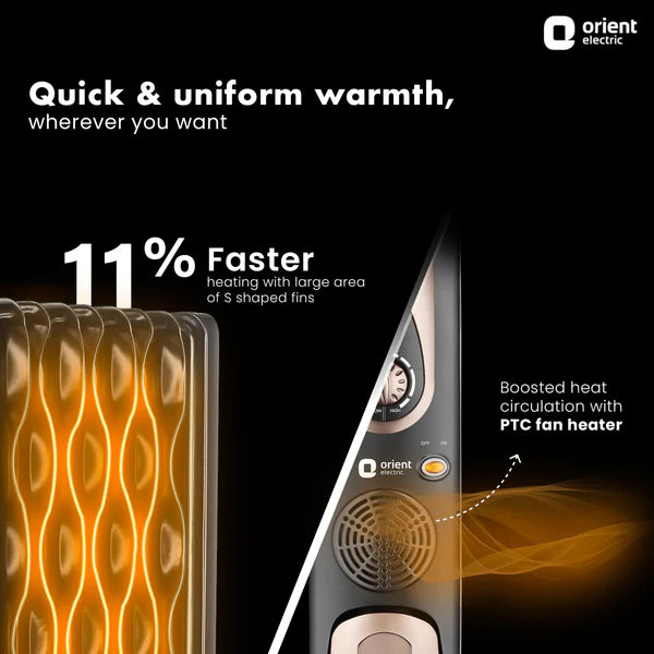 ORIENT Electric Comfort Collection 11 Fin Oil Filled Radiator 2900 Watts Room Heater with Fan (Black, Champagne Gold)
