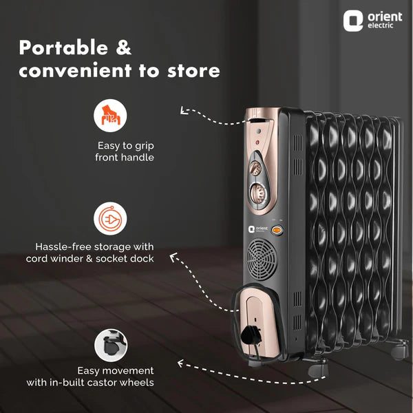 ORIENT Electric Comfort Collection 11 Fin Oil Filled Radiator 2900 Watts Room Heater with Fan (Black, Champagne Gold)