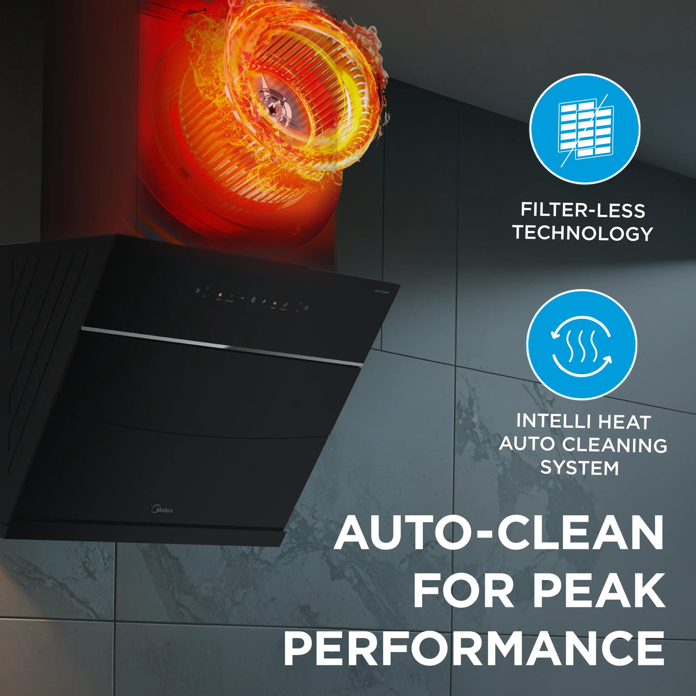 Midea Kitchen Chimney with 1800 m3/hr air suction, Slant, BLDC Motor, 60 CM with WiFi, Intelli Auto Clean, Multi Speed Control, MH60J63ET25BF