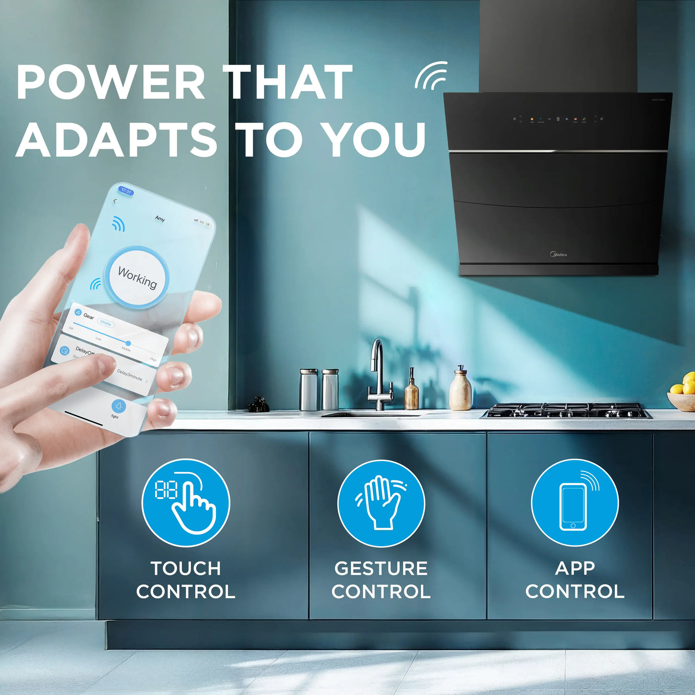 Midea Kitchen Chimney with 1800 m3/hr air suction, Slant, BLDC Motor, 60 CM with WiFi, Intelli Auto Clean, Multi Speed Control, MH60J63ET25BF