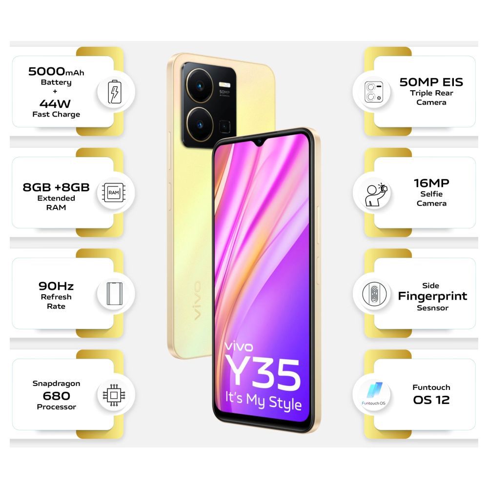 Dazzling Dawn Gold: Vivo Y35 - 8GB/128GB Mobile Phone