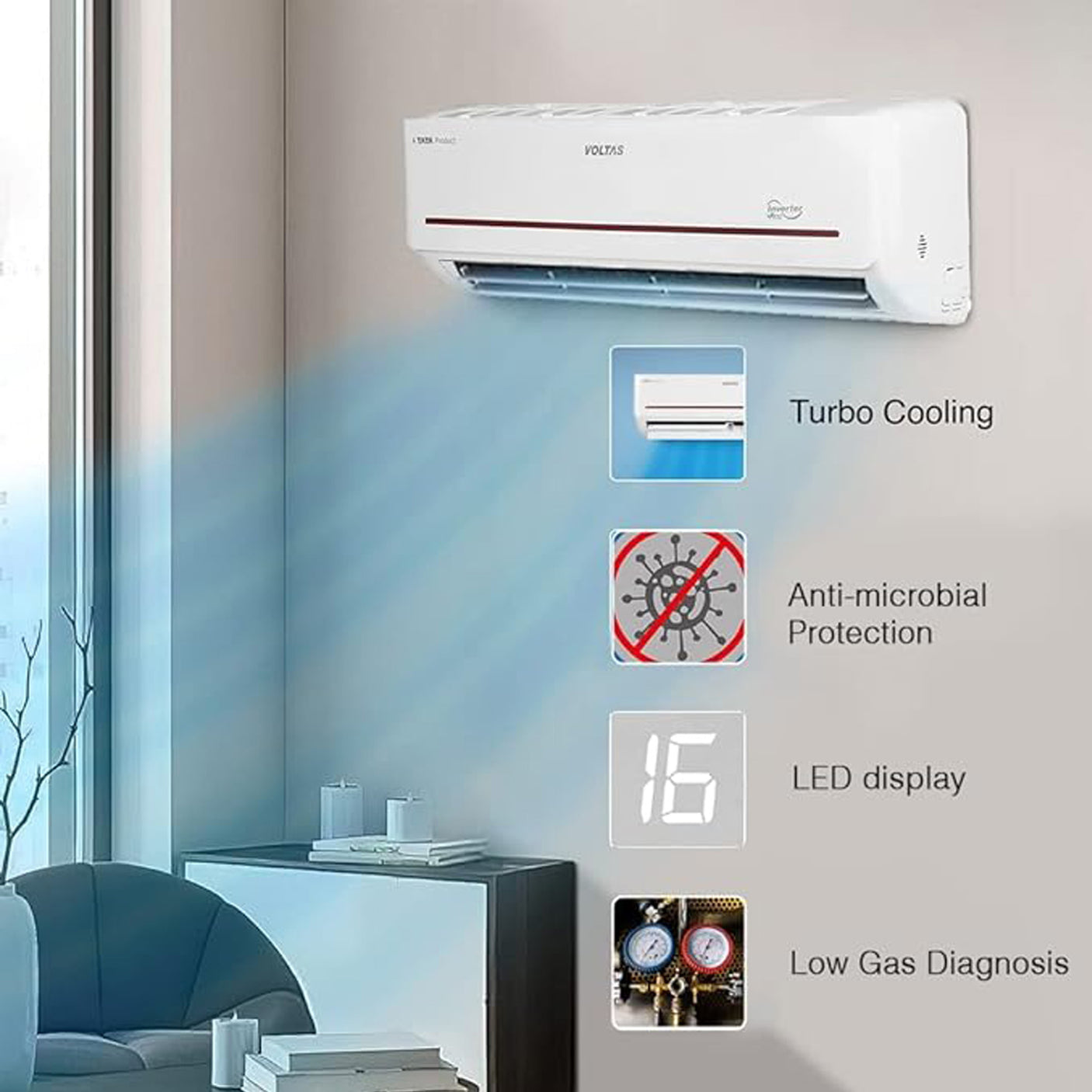 Cutting-Edge Cooling: Voltas 1.5 Ton 5-Star Inverter Split AC - Copper, 2023 Model, White
