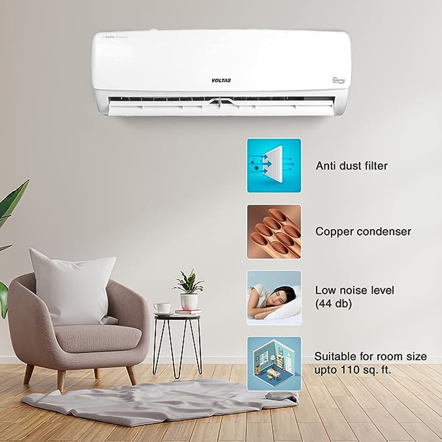 Efficient Cooling: Voltas 1 Ton AC - 3-Star, Inverter Split, 2023 Model, White
