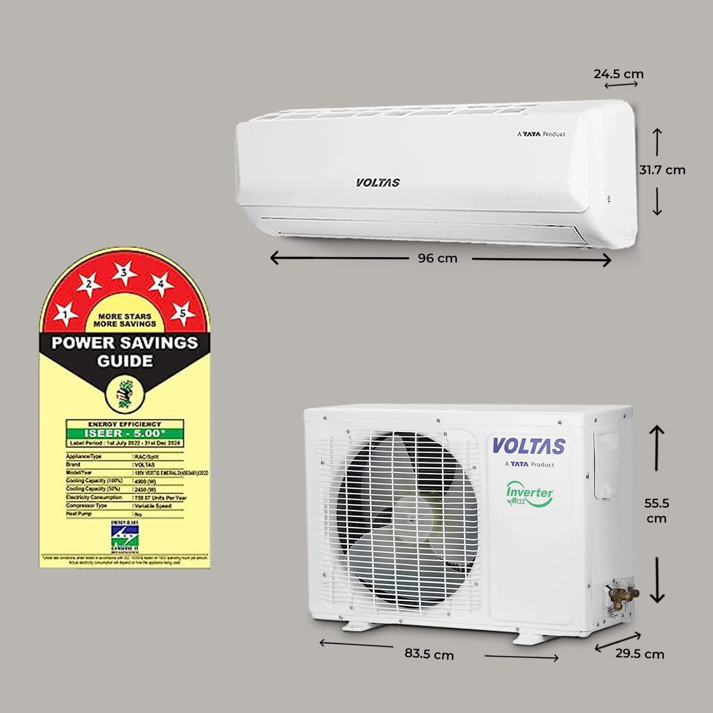 Voltas 1.5 Ton 5 Star Inverter Split AC(Copper, 5-in-1 Adjustable Mode, Anti-dust Filter, White) 185V Vertis Emerald