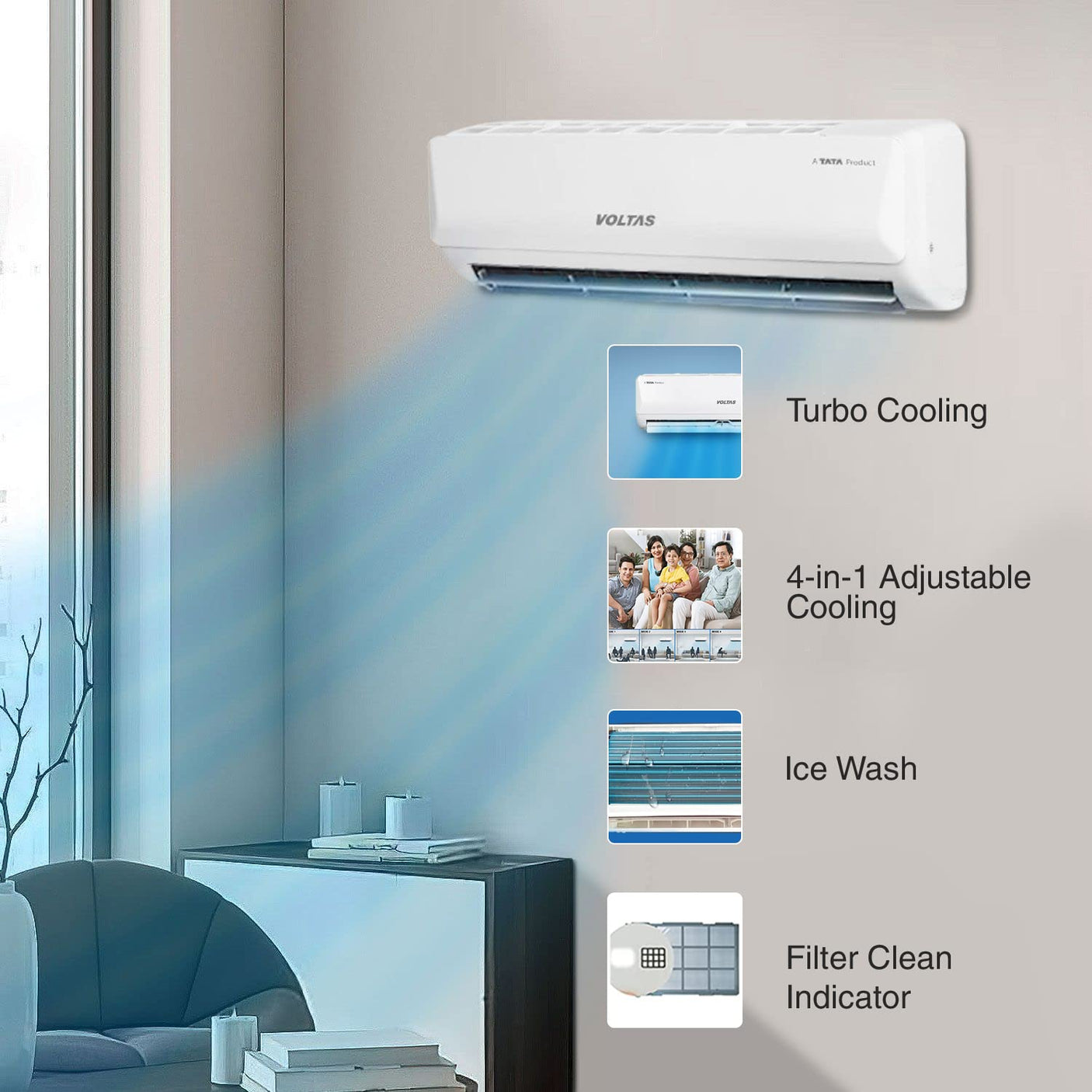 Voltas 1.5 Ton 5 Star Inverter Split AC(Copper, 5-in-1 Adjustable Mode, Anti-dust Filter, White) 185V Vertis Emerald