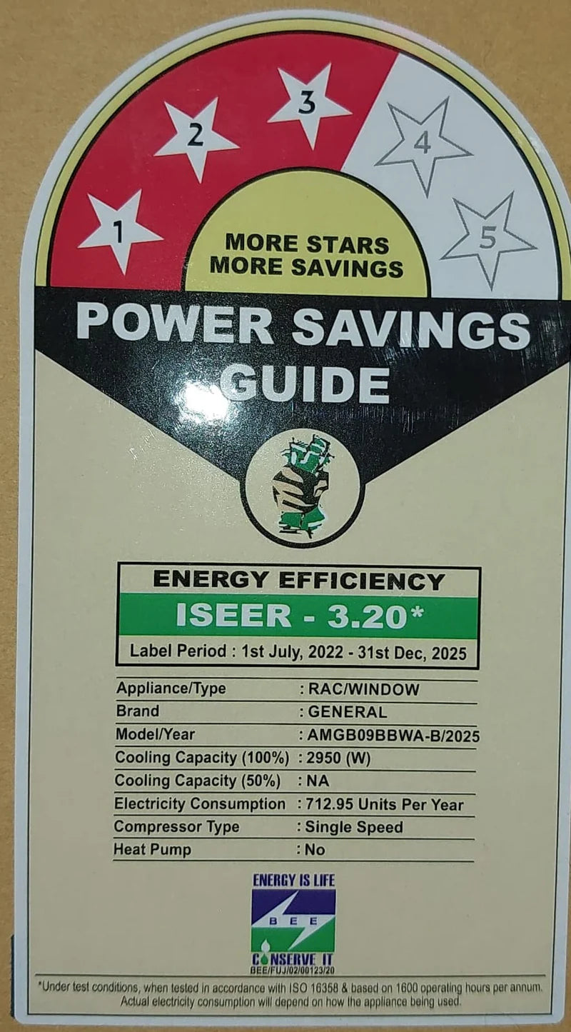 OGENERAL 0.8 TON 3 STAR WINDOW AC AMGB09BBWA-B,2025
