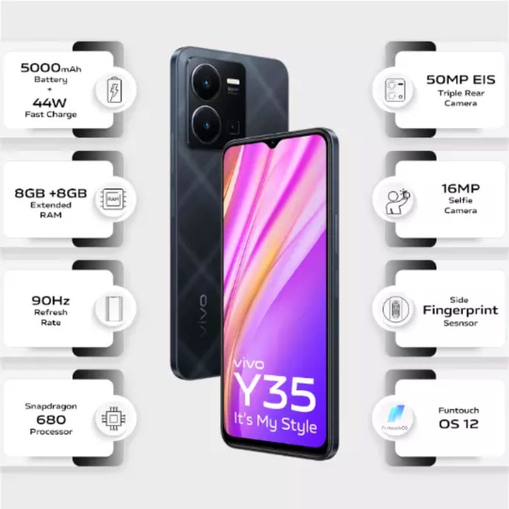 Immerse in Agate Black: Vivo Y35 - 8GB RAM, 128GB Storage Mobile