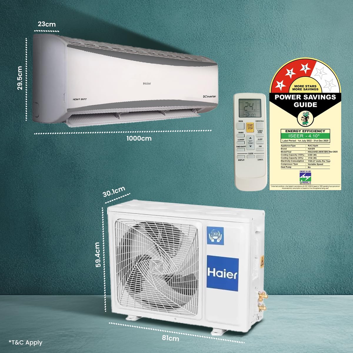 Haier 2 Ton 3 Star HEXA Inverter Split AC (6300 Watts, Copper, 7 in 1 Convertible, Heavy Duty, HD Filter, Frost Self Clean, Cools at 60°C, 20 mtrs Air Throw - HSU24HD-ANW3BN-INV- White)