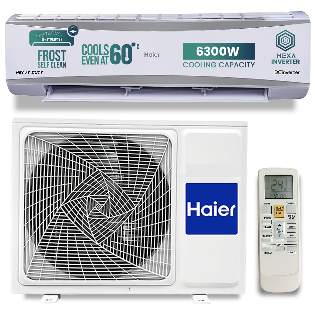 Haier 2 Ton 3 Star HEXA Inverter Split AC (6300 Watts, Copper, 7 in 1 Convertible, Heavy Duty, HD Filter, Frost Self Clean, Cools at 60°C, 20 mtrs Air Throw - HSU24HD-ANW3BN-INV- White)