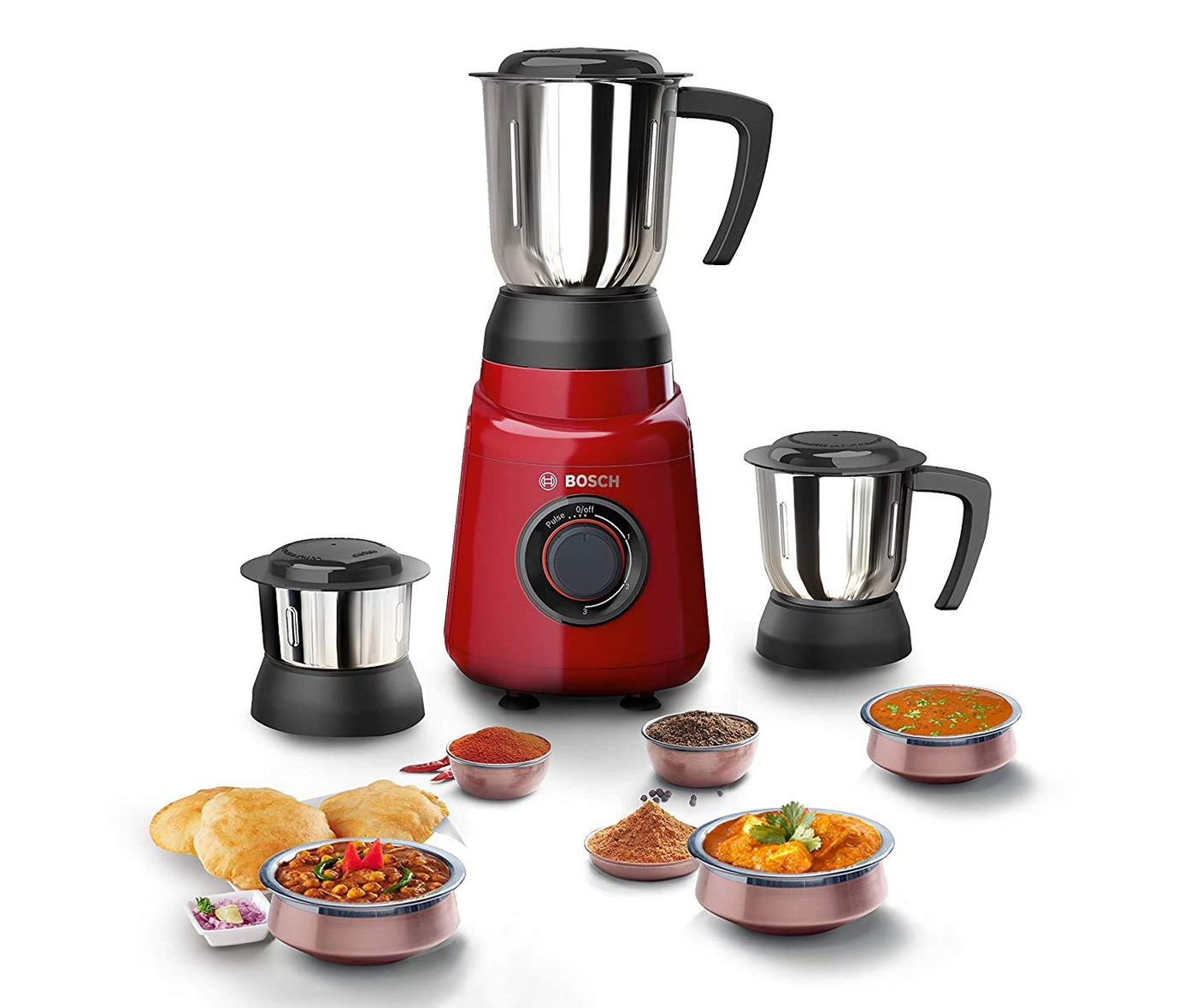 Bosch TrueMixx Joy Mixer Grinder 500 Watt, Red, 3 Jars - MGM2133RIN