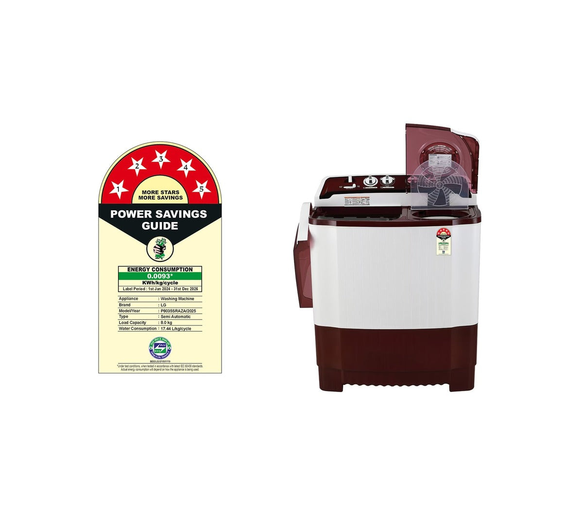LG 8Kg Semi Automatic Top Load Washing Machine, Roller Jet Pulsator + Soak, Burgundy (P8035SRAZA)