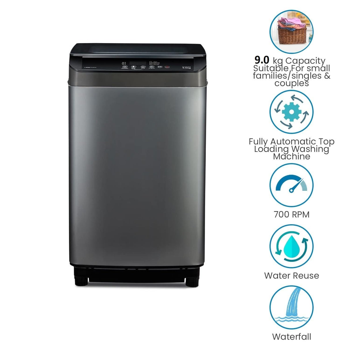 Voltas Beko 9.0 kg 5 Star Fully-Automatic Top Loading Washing Machine (WTL90UPGB, Gray)