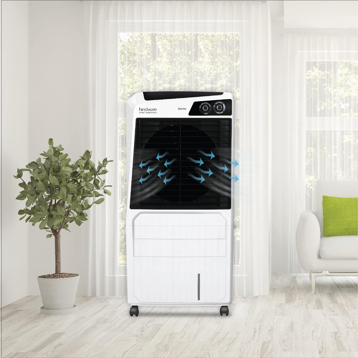 Hindware Smart Appliances Fascino 100L Desert Air Cooler with Honeycomb Pads, Inverter Compatible, Castor wheels with High Air Delivery (Black & White)