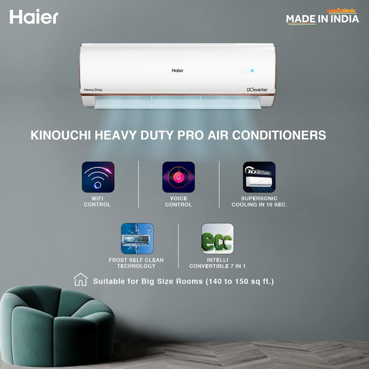 Haier 1.6 Ton 4 Star Inverter Split AC (Copper, Convertible 7 in 1 Cooling Modes, Antibacterial Filter,(HS19K-PYFR4BN), White)