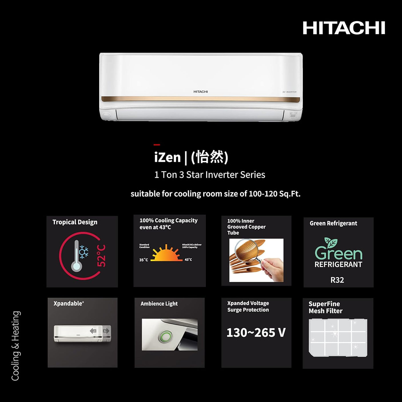 Hitachi 1 Ton 3 Star ice Clean Xpandable Plus Inverter Split AC (100% Copper, Dust Filter, iZen 3400FXL, R32-RASG312PCAISF, Dual Gold)