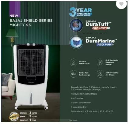 Bajaj Mighty 95 95L Desert Air Cooler with DuraTuff Pro Motor (3-Yr Warranty by Bajaj), Ice Chamber, Antibacterial Hexacool Technology, 100 feet Air Throw & 3-Speed Control, White Air Cooler for home
