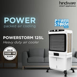 Hindware Smart Appliances Powerstorm 125L Desert Air Cooler High Air Delivery, Honeycomb Pads, motorized air flow control, Complete Shut Louvers, Castor wheels & Inverter Compatible (Black & White)