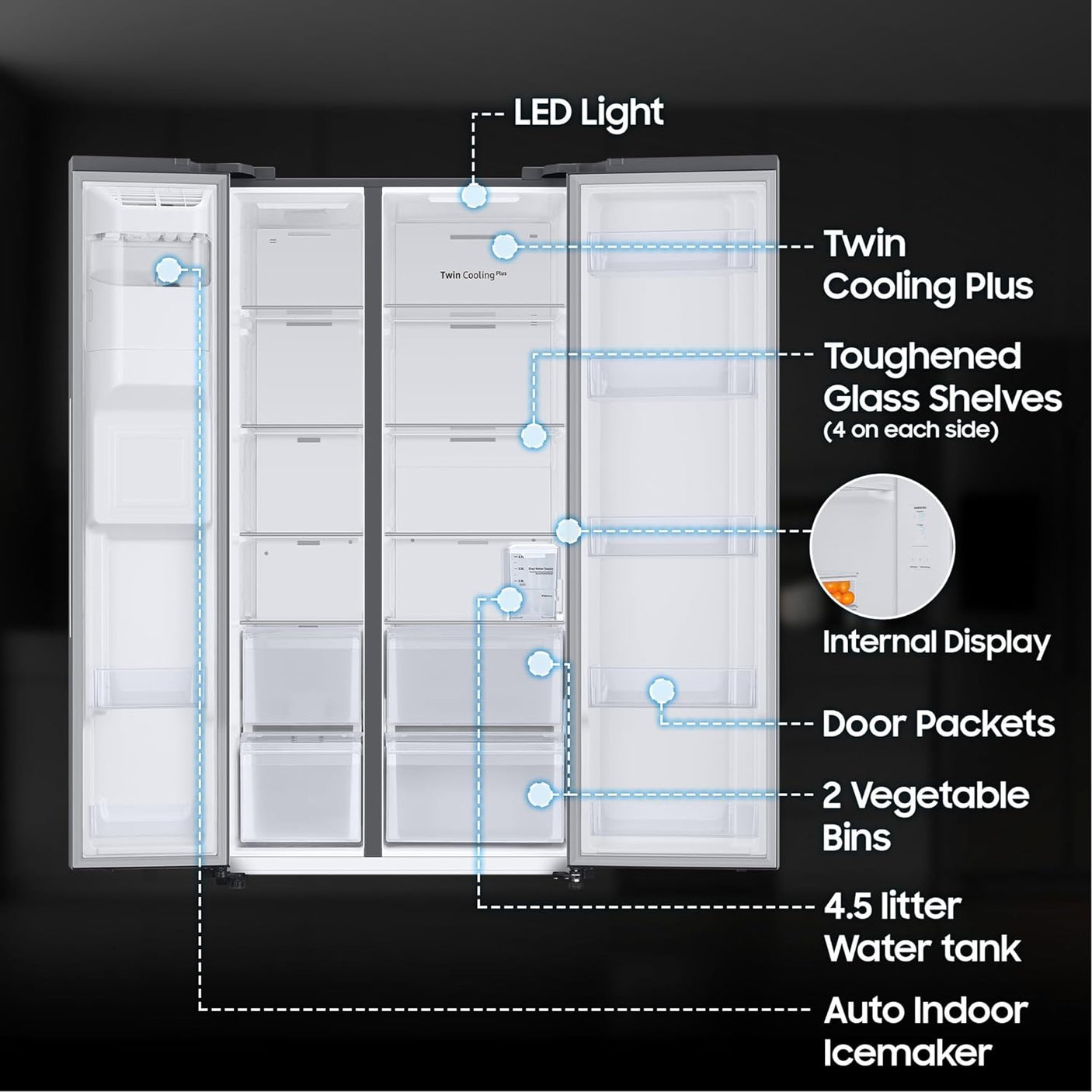 Samsung 633 L, 3 Star, Frost Free, Convertible 5-in-1 Digital Inverter, Side By Side WiFi Embedded Refrigerator (RS78CG8543S9HL, Silver, Refined Inox, 2023 Model)