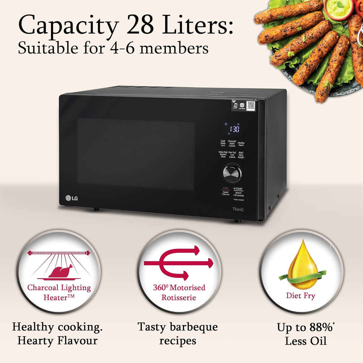 LG 28 L Wi-Fi Enabled Charcoal Convection Healthy Microwave Oven (MJEN286UFW, Black, Diet Fry) - 2023 Model