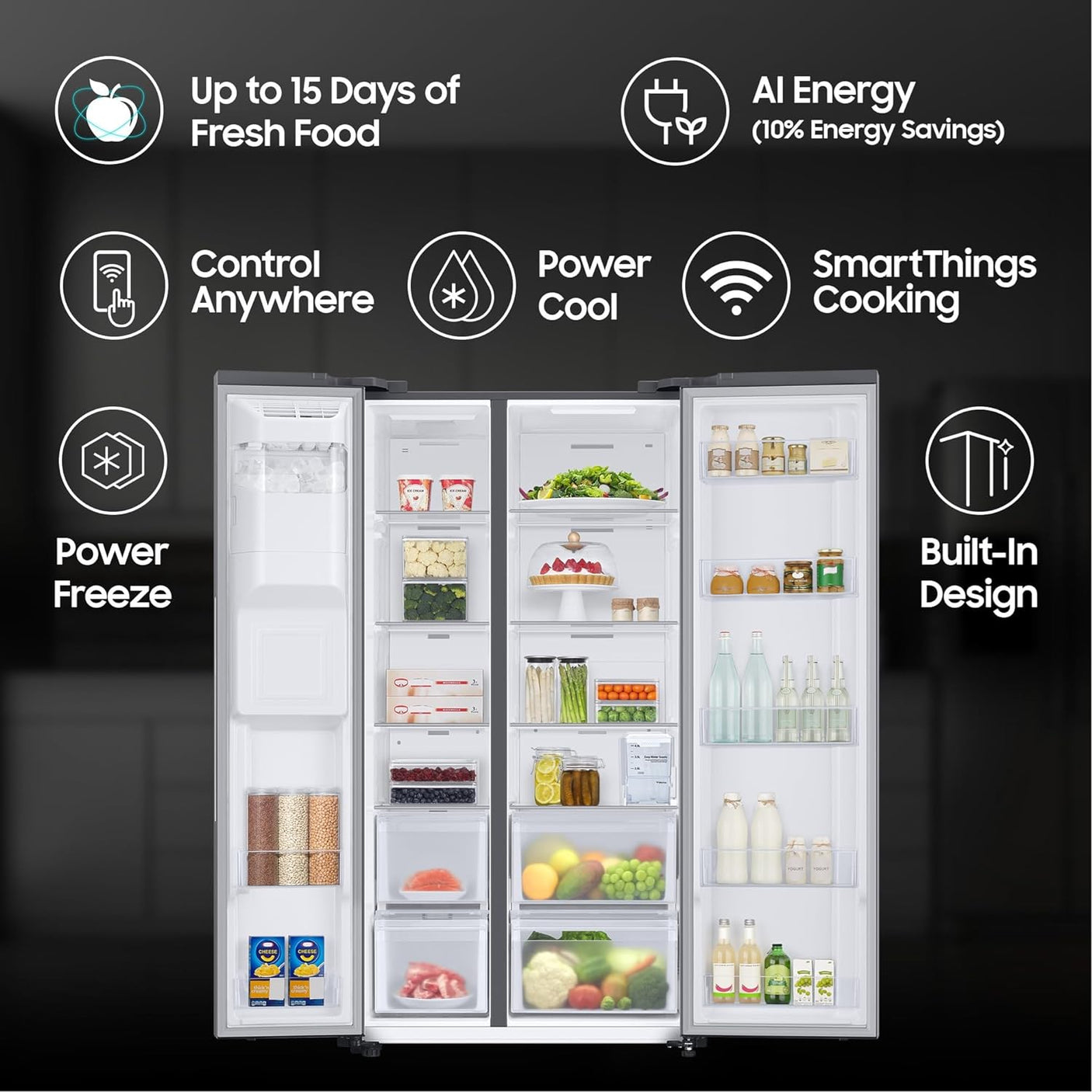 Samsung 633 L, 3 Star, Frost Free, Convertible 5-in-1 Digital Inverter, Side By Side WiFi Embedded Refrigerator (RS78CG8543S9HL, Silver, Refined Inox, 2023 Model)