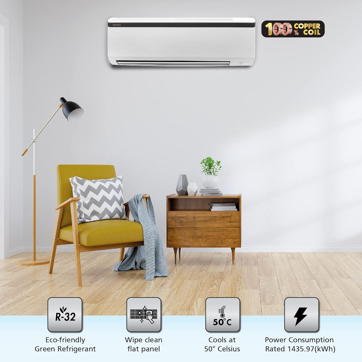 Daikin 1.8T 1 Star Split AC - Advanced Cooling with Copper, Antibacterial Filter, White.
