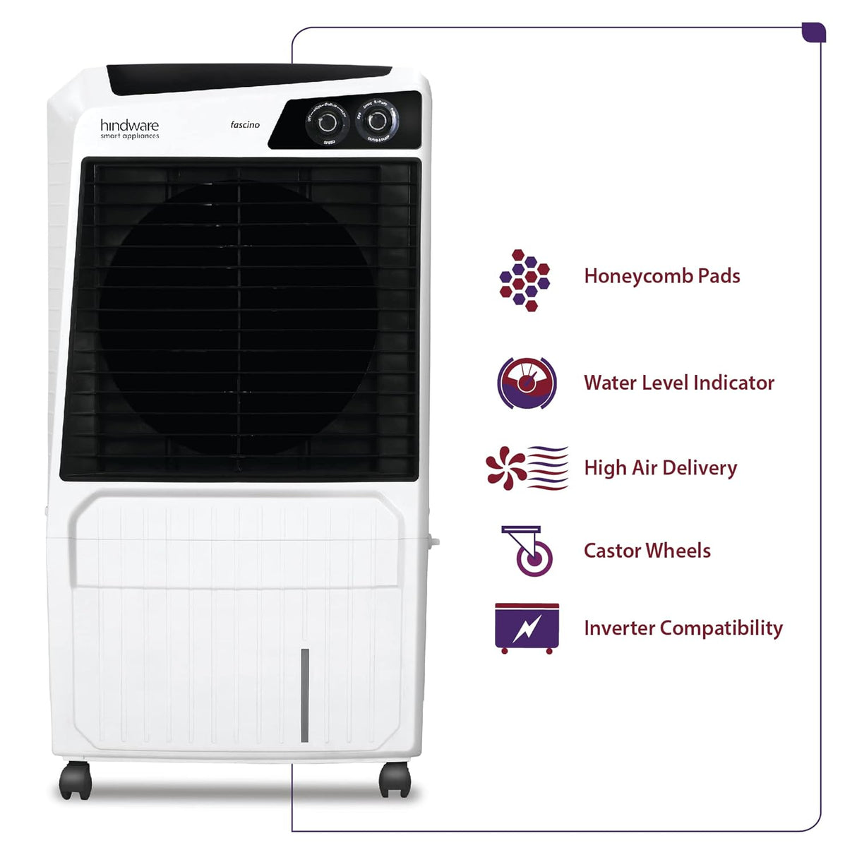 Hindware Smart Appliances Fascino 100L Desert Air Cooler with Honeycomb Pads, Inverter Compatible, Castor wheels with High Air Delivery (Black & White)