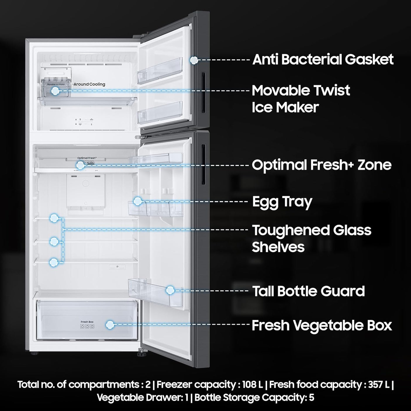 Samsung 465 L, Optimal Fresh+, Digital Inverter, Frost Free Double Door WiFi Embedded Refrigerator (RT51CG662AB1TL, Black Matt, 2023 Model)