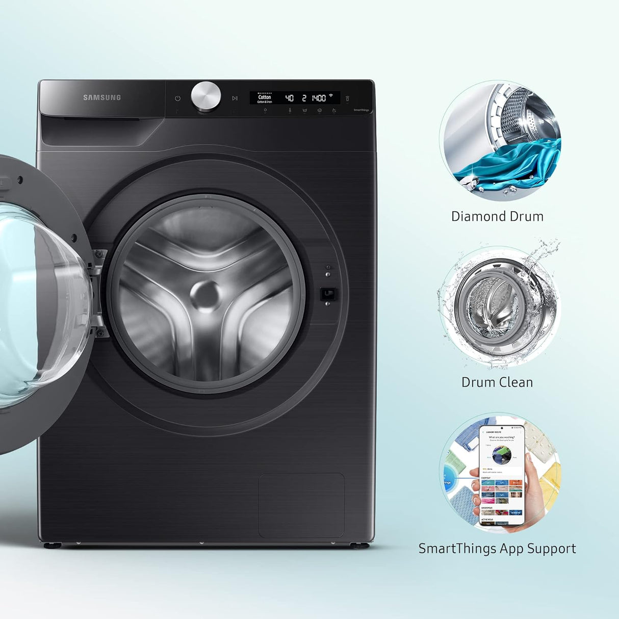 Samsung 12 kg, 5 star, Eco Bubble Technology, AI Control , Wi-Fi, Digital Inverter Motor, Fully-Automatic Front Load Washing Machine Appliance (WW12T504DAB/TL, Hygiene Steam, Black Caviar)