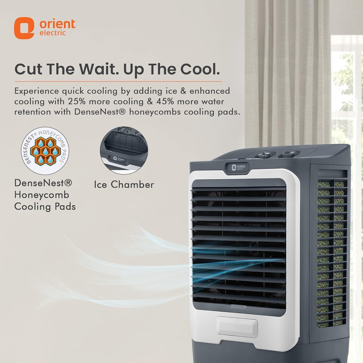 Orient Electric Ultimo 65L Desert Air Cooler with Densenest Honeycomb pads, Ice chamber & High Air Delivery | Desert Cooler for home (Grey)