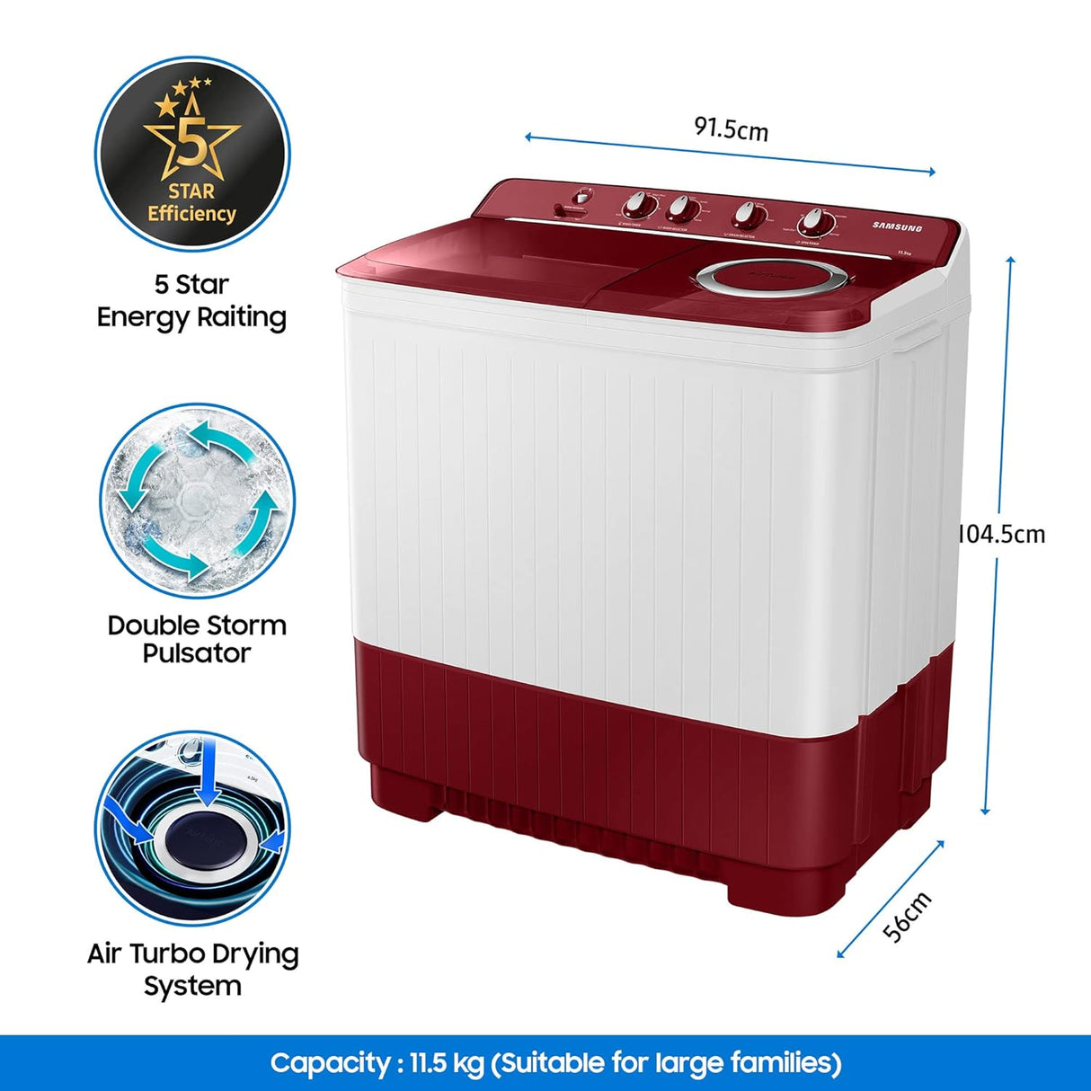 Samsung 11.5 Kg Semi-Automatic Top Load Washing Machine (WT11A4600RR/TL, Light Gray,Air Turbo Technology)
