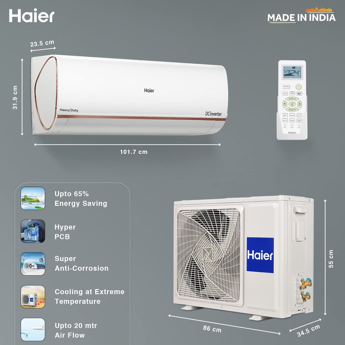 Haier 1.6 Ton 4 Star Inverter Split AC (Copper, Convertible 7 in 1 Cooling Modes, Antibacterial Filter,(HS19K-PYFR4BN), White)