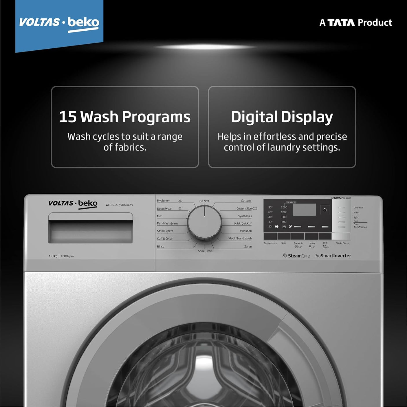 Voltas Beko, A Tata Product 8 Kg 5 Star Inverter Quick wash Fully-Automatic Front Loading Washing Machine (2023 Model, WFL8012B7JVBKA/GXV, Grey, In buit Heater/Hygiene steam)