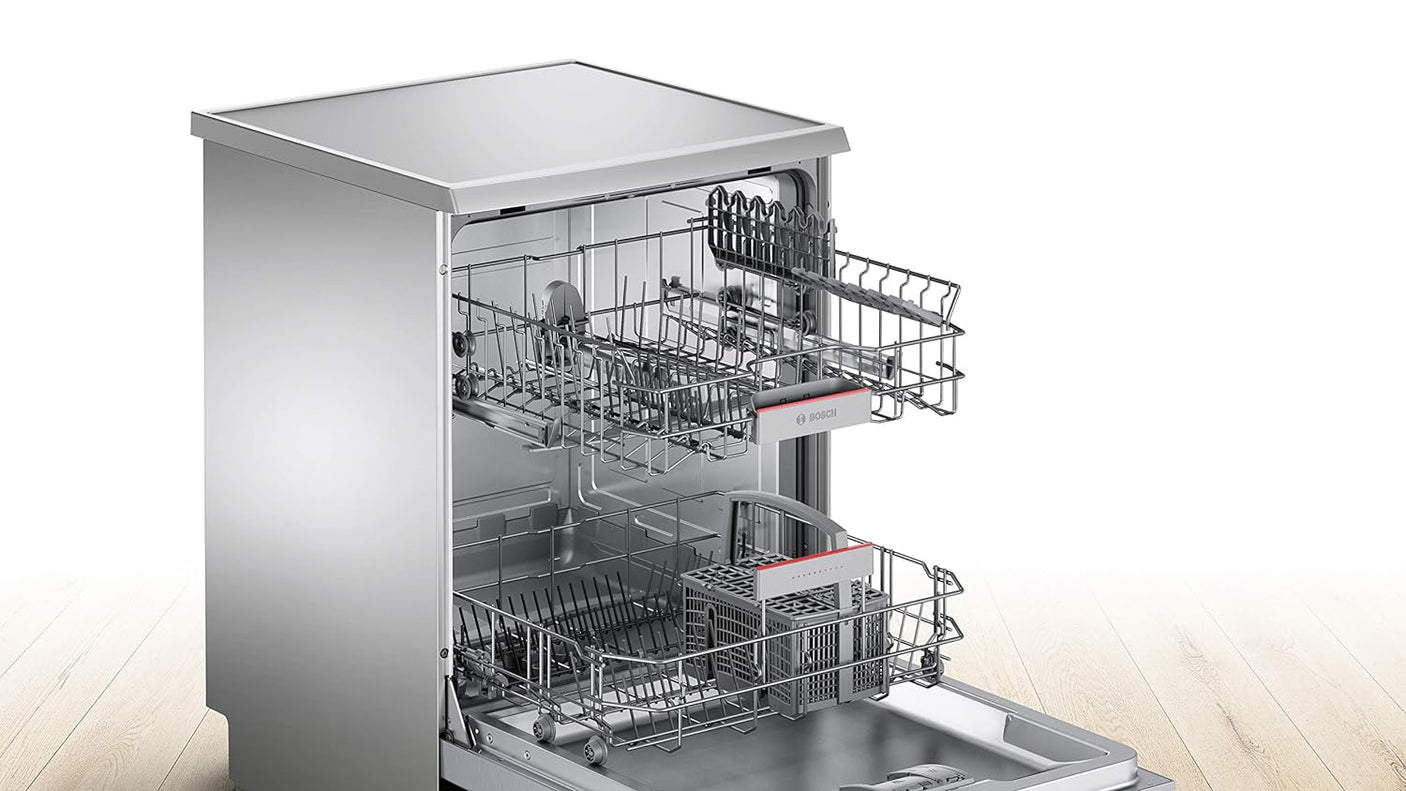 Bosch 13 Place Settings, Free Standing Dishwasher (SMS66GI01I, Silver Inox), extra dry and hygienic wash