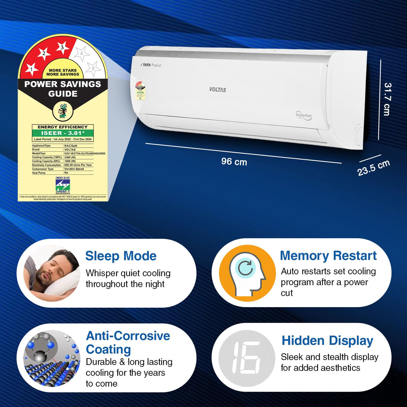 Voltas 1.0 Ton 3 Star Split Air Conditioner 123V Vectra Elite