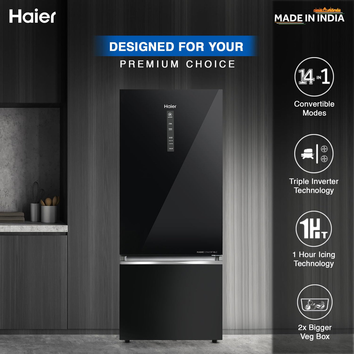 Haier 445 L 2 Star Frost Free Double Door Bottom Mount Refrigerator Appliance (2023 Model, HRB-4952CKG-P, Black Glass,Convertible)