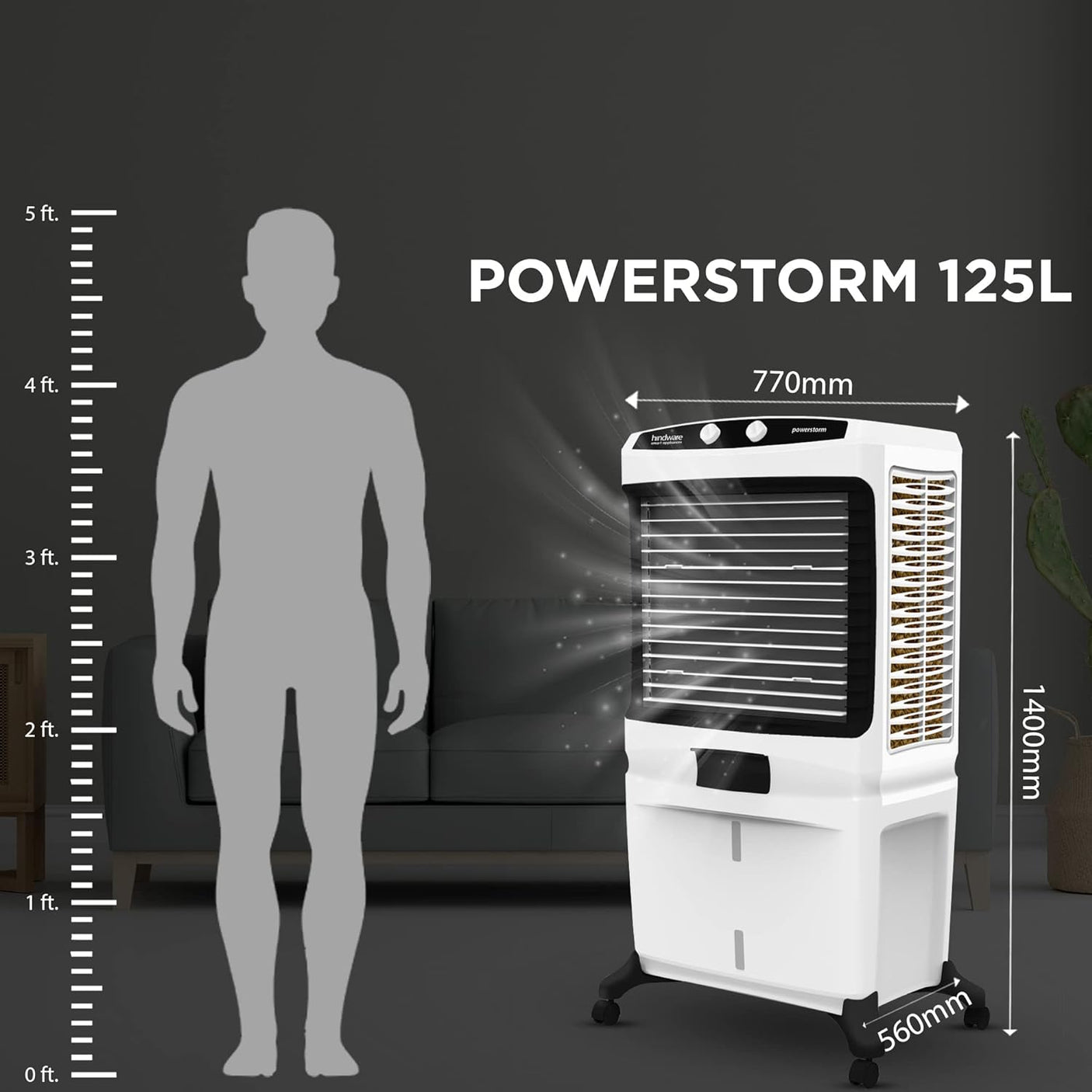 Hindware Smart Appliances Powerstorm 125L Desert Air Cooler High Air Delivery, Honeycomb Pads, motorized air flow control, Complete Shut Louvers, Castor wheels & Inverter Compatible (Black & White)