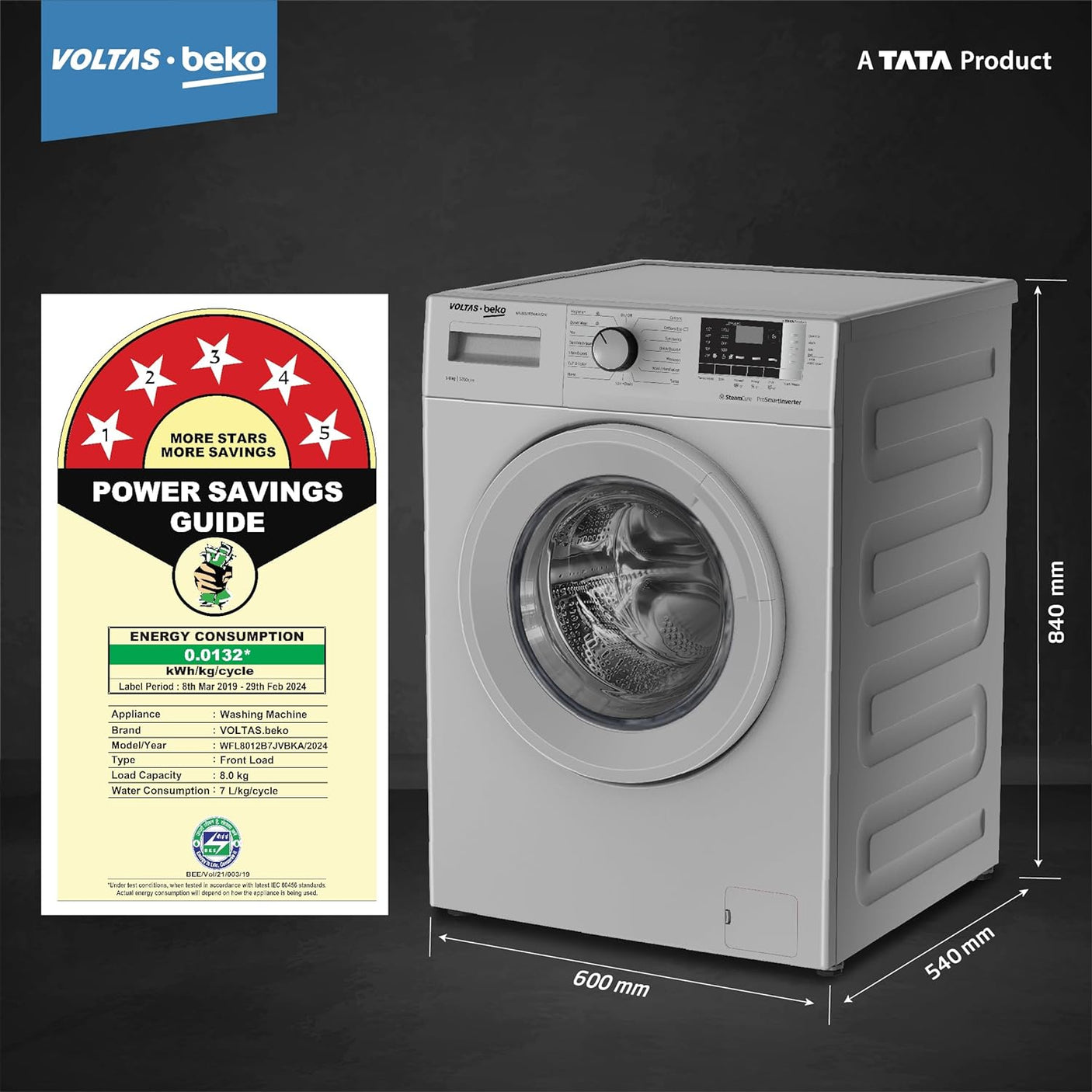 Voltas Beko, A Tata Product 8 Kg 5 Star Inverter Quick wash Fully-Automatic Front Loading Washing Machine (2023 Model, WFL8012B7JVBKA/GXV, Grey, In buit Heater/Hygiene steam)