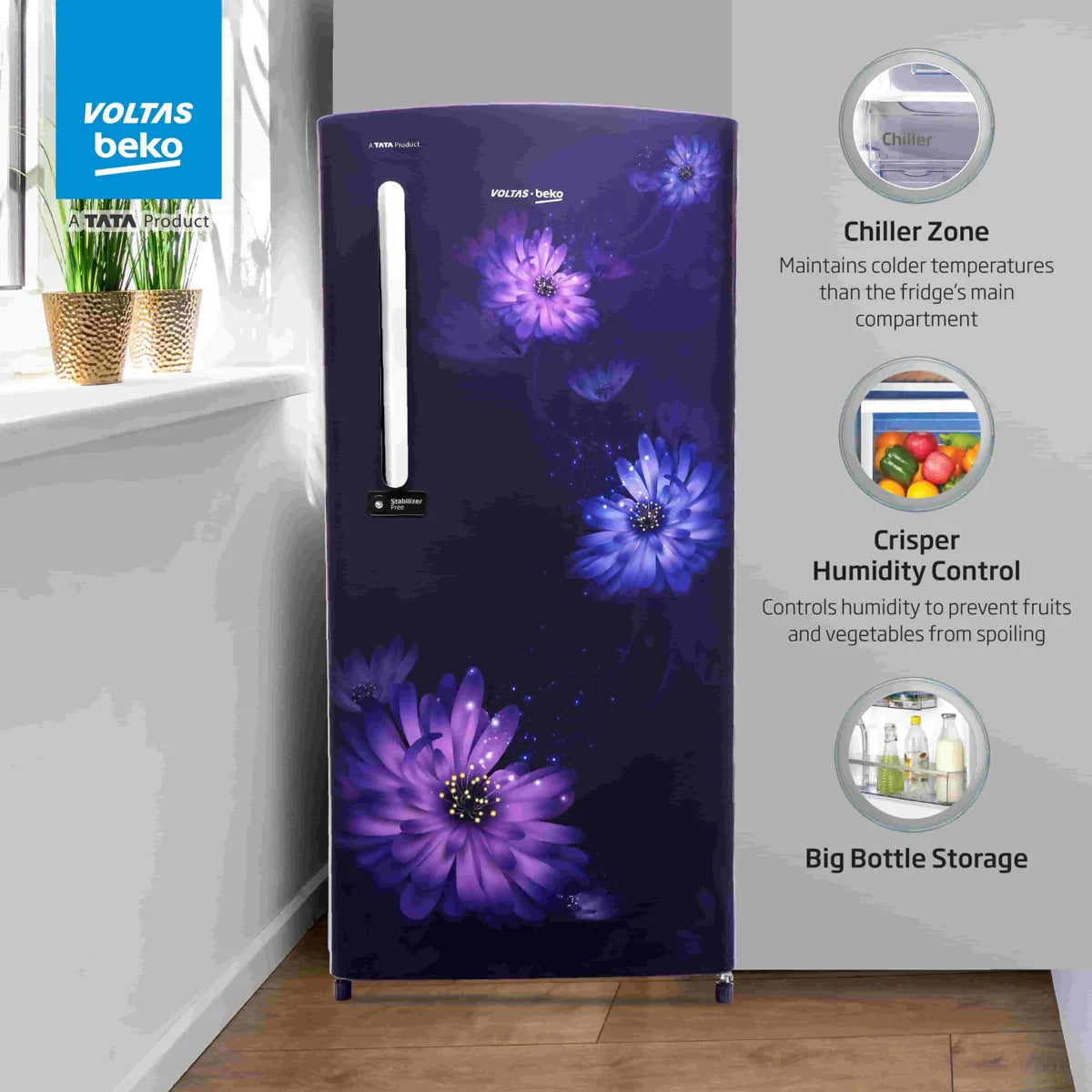 Voltas Beko by A Tata Product 185 L Direct Cool Single Door 3 Star Refrigerator  (Dahlia Blue, RDC220C