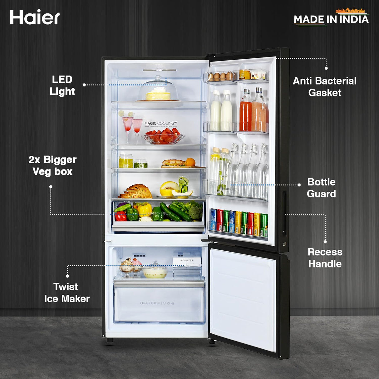 Haier 445 L 2 Star Frost Free Double Door Bottom Mount Refrigerator Appliance (2023 Model, HRB-4952CKG-P, Black Glass,Convertible)
