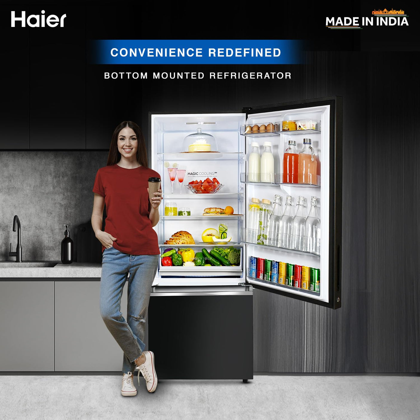 Haier 445 L 2 Star Frost Free Double Door Bottom Mount Refrigerator Appliance (2023 Model, HRB-4952CKG-P, Black Glass,Convertible)