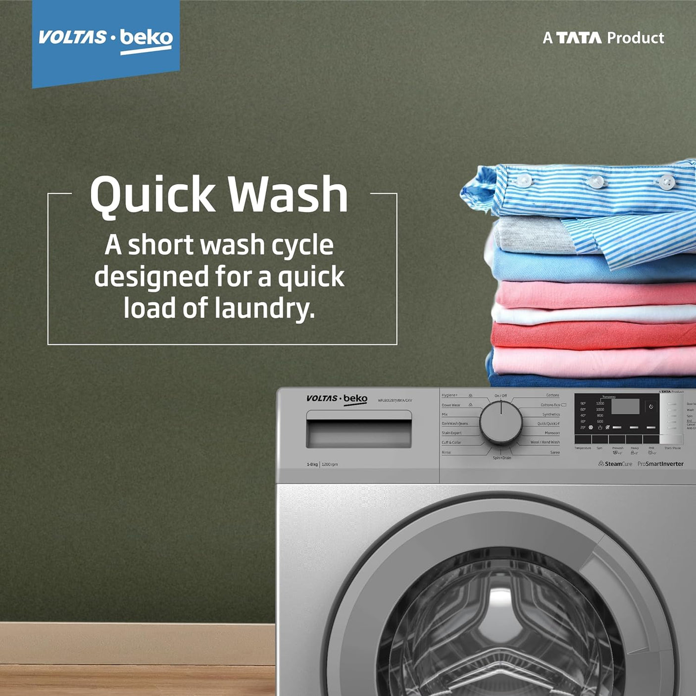 Voltas Beko, A Tata Product 8 Kg 5 Star Inverter Quick wash Fully-Automatic Front Loading Washing Machine (2023 Model, WFL8012B7JVBKA/GXV, Grey, In buit Heater/Hygiene steam)