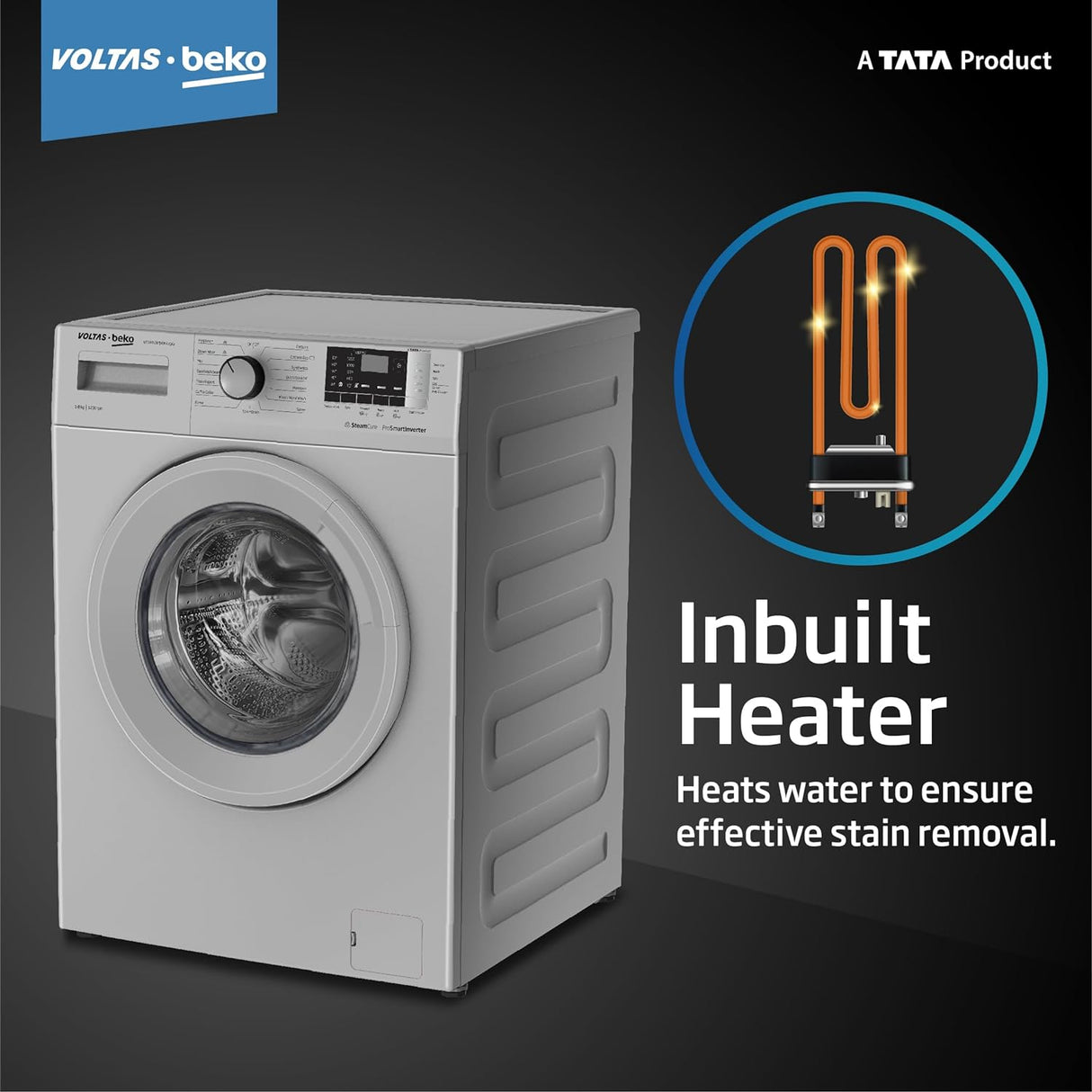 Voltas Beko, A Tata Product 8 Kg 5 Star Inverter Quick wash Fully-Automatic Front Loading Washing Machine (2023 Model, WFL8012B7JVBKA/GXV, Grey, In buit Heater/Hygiene steam)