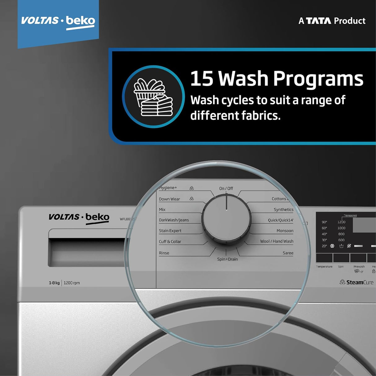 Voltas Beko, A Tata Product 8 Kg 5 Star Inverter Quick wash Fully-Automatic Front Loading Washing Machine (2023 Model, WFL8012B7JVBKA/GXV, Grey, In buit Heater/Hygiene steam)